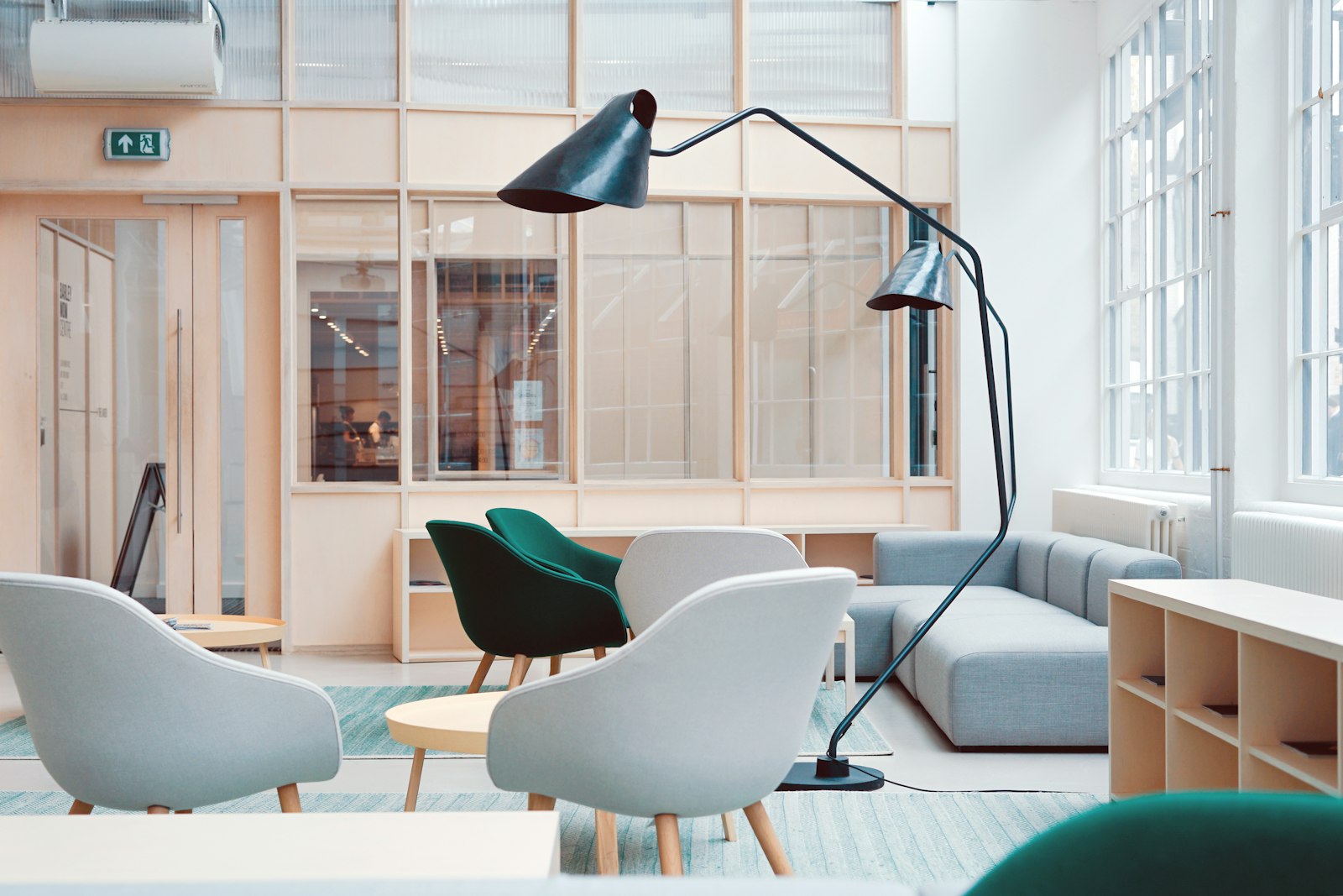 Bright lobby lounge with designer seating